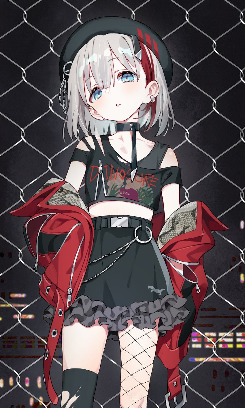 absurdres against_fence asymmetrical_legwear bare_shoulders belly_chain belt black_belt black_choker black_shirt black_skirt black_thighhighs blue_eyes blush breasts chain-link_fence choker collarbone cowboy_shot dinosaur_print dot_nose ear_piercing female fence fishnet_pantyhose fishnets grey_hair hat highres idolmaster idolmaster_shiny_colors jacket jewelry kunikune looking_at_viewer midriff multicolored_hair off_shoulder pantyhose parted_lips piercing print_shirt red_hair red_jacket serizawa_asahi shirt short_hair single_leg_pantyhose single_thighhigh skirt small_breasts solo standing streaked_hair thighhighs torn_clothes torn_thighhighs uneven_legwear zipper zipper_pull_tab