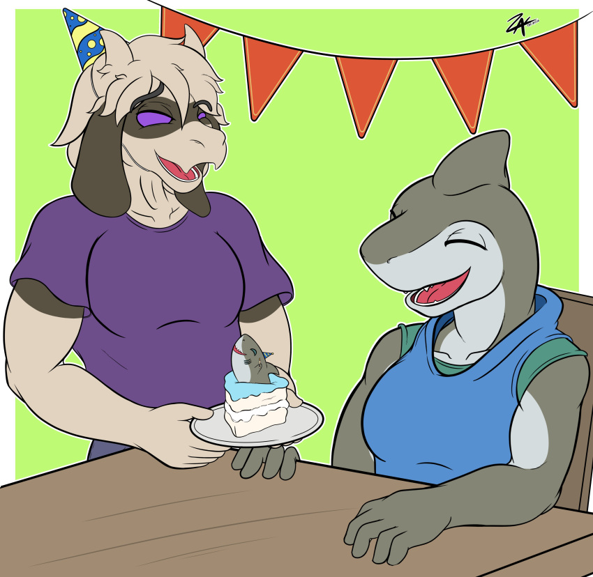 absurd_res anthro birthday bovid brown_body cake caprine clothing dessert duo female fish food goat hat headgear headwear hi_res horn jacket male mammal marine party_hat purple_eyes shark shirt teeth tongue topwear zak_hitsuji