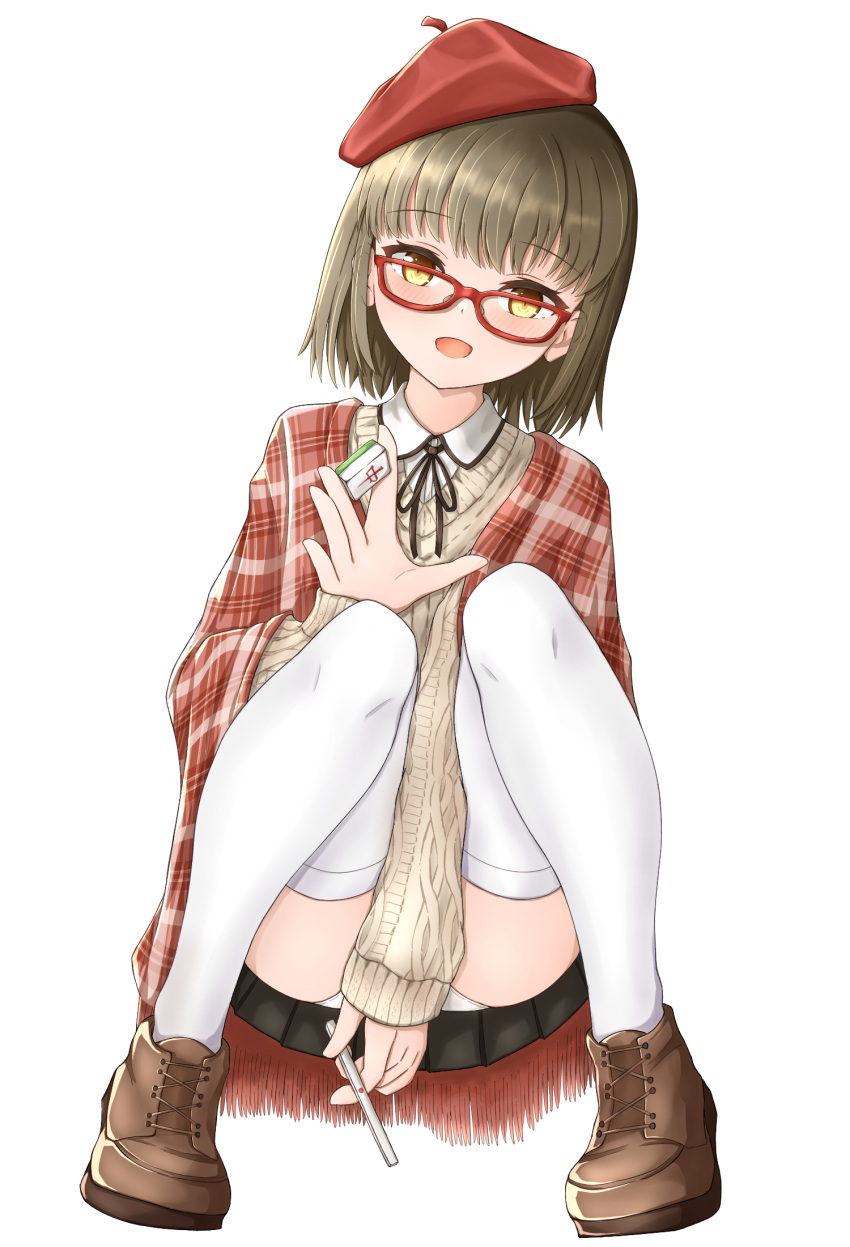 arm_between_legs beret black_skirt blush brown_footwear brown_sweater commentary_request female flat_chest full_body glasses hat highres holding holding_mahjong_tile holding_tenbou jacket light_brown_hair looking_at_viewer mahjong_soul mahjong_tile medium_bangs miniskirt mizusaki_(kn27) ninomiya_hana open_mouth panties plaid plaid_jacket pleated_skirt red-framed_eyewear red_hat red_jacket shirt shoes short_hair simple_background skirt smile solo squatting sweater tenbou thighhighs underwear white_background white_panties white_shirt white_thighhighs yellow_eyes