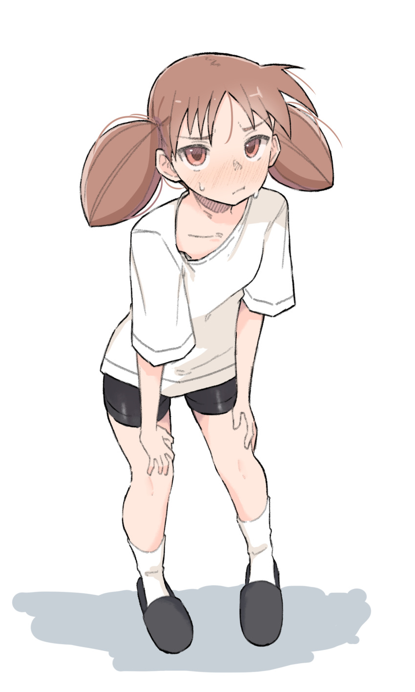 absurdres azumanga_daiou bike_shorts blush brown_eyes brown_hair female highres looking_at_viewer mihama_chiyo shirt short_twintails slippers socks solo sweat t-shirt twintails white_background zlix0n