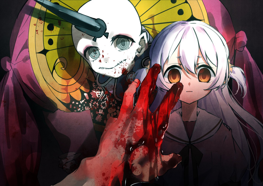 2girls blood blood_on_hands brown_eyes closed_mouth colored_skin commentary_request empty_eyes expressionless grey_eyes hair_between_eyes highres horns long_hair looking_at_viewer magia_record:_mahou_shoujo_madoka_magica_gaiden magical_girl mahou_shoujo_madoka_magica momoe_nagisa multiple_girls pov pov_hands single_horn stitched_mouth stitches taigaai4649 two_side_up white_hair white_skin yumeno_yusa