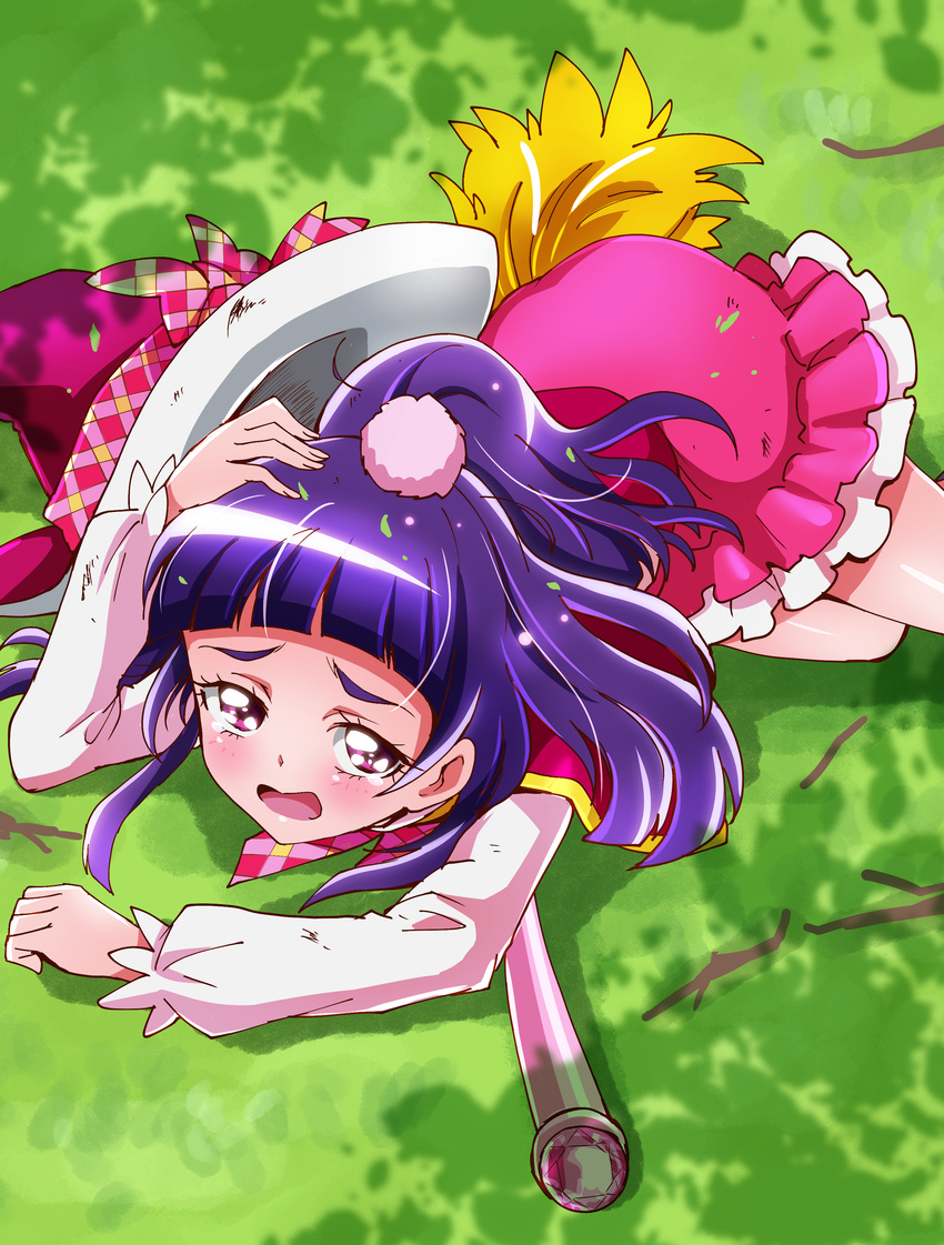 :o absurdres bad_id bad_pixiv_id bow broom female frilled_skirt frills green_background half_updo hat hat_bow highres izayoi_liko long_hair lying magic_school_uniform mahou_girls_precure! pink_hat pink_skirt plaid plaid_bow precure purple_eyes purple_hair school_uniform sharumon skirt solo witch_hat