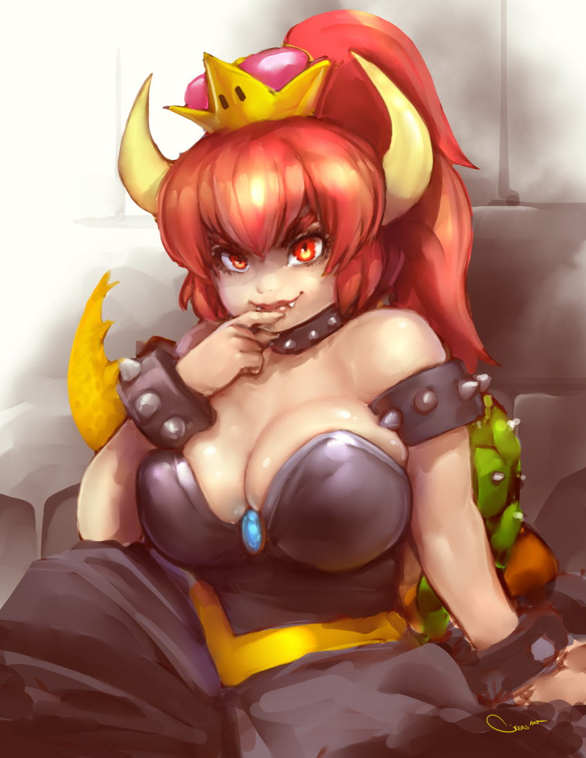 alternate_hair_color bare_shoulders black_collar black_dress bowsette bracelet breasts brooch cleavage collar darren_geers dress fangs gem highres horns jewelry large_breasts long_hair looking_at_viewer mario_(series) new_super_mario_bros._u_deluxe nintendo pointy_ears ponytail red_eyes red_hair sitting solo spiked_armlet spiked_bracelet spiked_collar spiked_shell spiked_tail spikes strapless strapless_dress super_crown tail turtle_shell