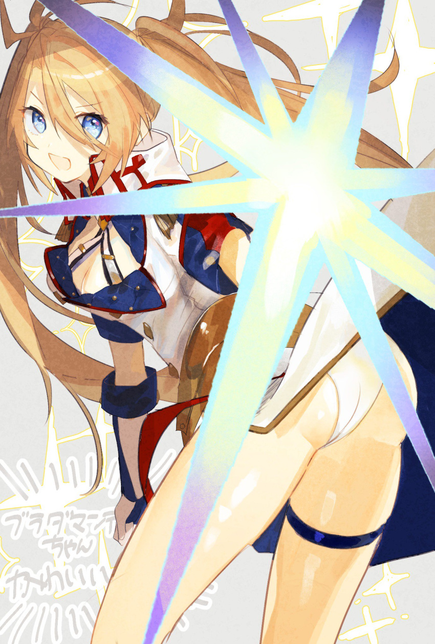 blonde_hair blue_eyes bradamante_(fate) bradamante_(second_ascension)_(fate) breasts cleavage collared_dress commentary_request dress fate/grand_order fate_(series) female highres leaning_forward long_hair looking_at_viewer looking_back nishikiya open_mouth panties pantyshot smile solo star_(symbol) twintails underwear white_dress