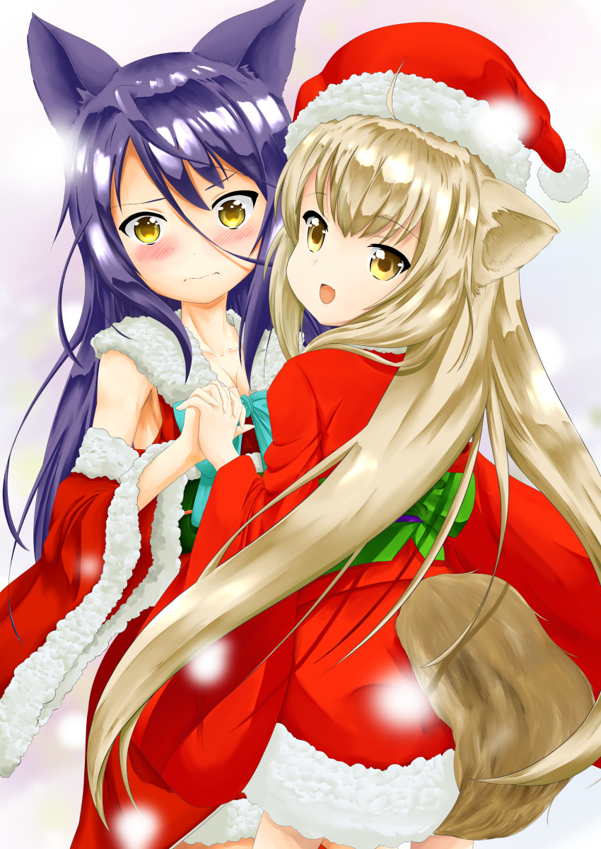 2girls :d absurdres animal_ears black_hair blush breasts brown_hair cleavage commentary_request detached_sleeves embarrassed fox_ears fox_tail hair_between_eyes hat highres holding_hands interlocked_fingers konohana_kitan long_hair looking_at_viewer multiple_girls open_mouth santa_costume santa_hat satsuki_(konohana_kitan) small_breasts smile tail wakamoto_riwo wavy_mouth yellow_eyes yuri yuzu_(konohana_kitan)