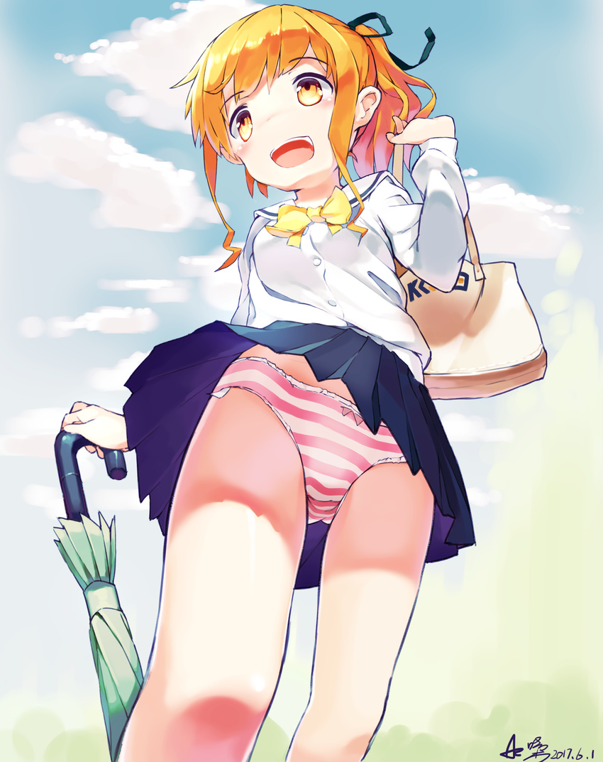 2017 bag blue_sky blush bow bow_panties cloud dated day eromanga_sensei female female from_below hair_ribbon holding jinno_megumi long_sleeves open_mouth orange_hair outdoors pantyshot pantyshot_(standing) pleated_skirt ribbon school_uniform sidelocks signature skirt sky solo standing striped striped_panties umbrella underwear upskirt white_shirt yellow_eyes zhongye_yu