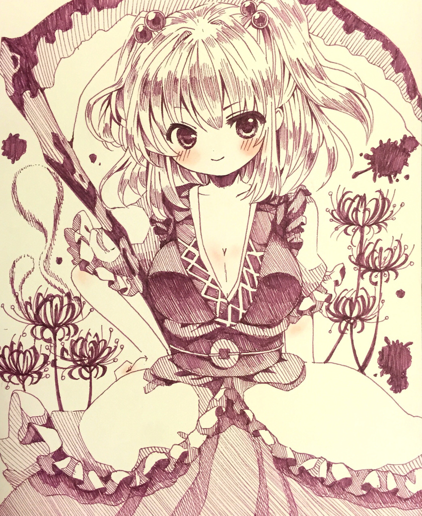 absurdres arm_behind_back blush breasts cleavage commentary_request dress female flower hair_bobbles hair_ornament hand_on_own_hip head_tilt highres large_breasts layered_dress looking_at_viewer marker_(medium) monochrome niko_(2ars) onozuka_komachi scythe sepia_background short_hair smile solo spider_lily touhou traditional_media two_side_up