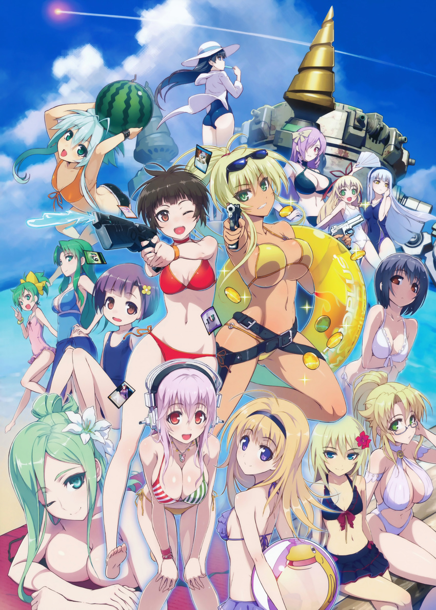 6+girls :d ;) ;d absurdres antenna_hair arched_back ass ball barefoot beach beachball bent_over bikini bikini_skirt black_bikini black_hair blassreiter blonde_hair blue_eyes blue_one-piece_swimsuit bow bracelet breast_hold breast_rest breasts brown_eyes brown_hair cal_devens camisole card casual_one-piece_swimsuit chaos;head choker cleavage cloud coin company_connection competition_swimsuit contrail cornalina crossed_legs crossover dark-skinned_female dark_skin day demonbane drill dual_wielding eyewear_on_head flat_chest flower food frilled_bikini frills front-tie_bikini_top front-tie_top fruit gekkou_no_carnevale glasses green_eyes green_hair grin guilty_crown gun hair_between_eyes hair_flower hair_ornament hair_over_one_eye hair_ribbon hairband hairbow hanachirasu hand_on_own_hip handgun hands_on_own_knees hat headphones hello_world. highres hikari_(soukou_akki_muramasa) holding holster hood hoodie innertube iris_(gekkou_no_carnevale) jacket jewelry jingai_makyou kaze_no_ushiro_wo_ayumumono_(kazeko) kugayama_mika kugayama_wakana large_breasts leica_(demonbane) long_hair lying md5_mismatch mitsurugi_yoishi multiple_girls navel necklace nishijou_nanami nitroplus o-ring o-ring_bottom olga_(soukou_akki_muramasa) on_stomach one-piece_swimsuit one_eye_closed ookuma_nekosuke open_mouth outdoors perla phantom_of_inferno phenomeno photoshop_(medium) pink_hair ponytail popsicle present_(guilty_crown) psycho-pass purple_bikini purple_eyes purple_hair red_bikini red_eyes ribbon school_swimsuit short_hair side-tie_bikini_bottom sidelocks sitting sky small_breasts smile soukou_akki_muramasa sparkle string_bikini striped_bikini striped_clothes sun_hat sunglasses super_sonico swim_ring swimsuit takigawa_yumi tsunemori_akane water water_gun watermelon weapon white_bikini white_one-piece_swimsuit