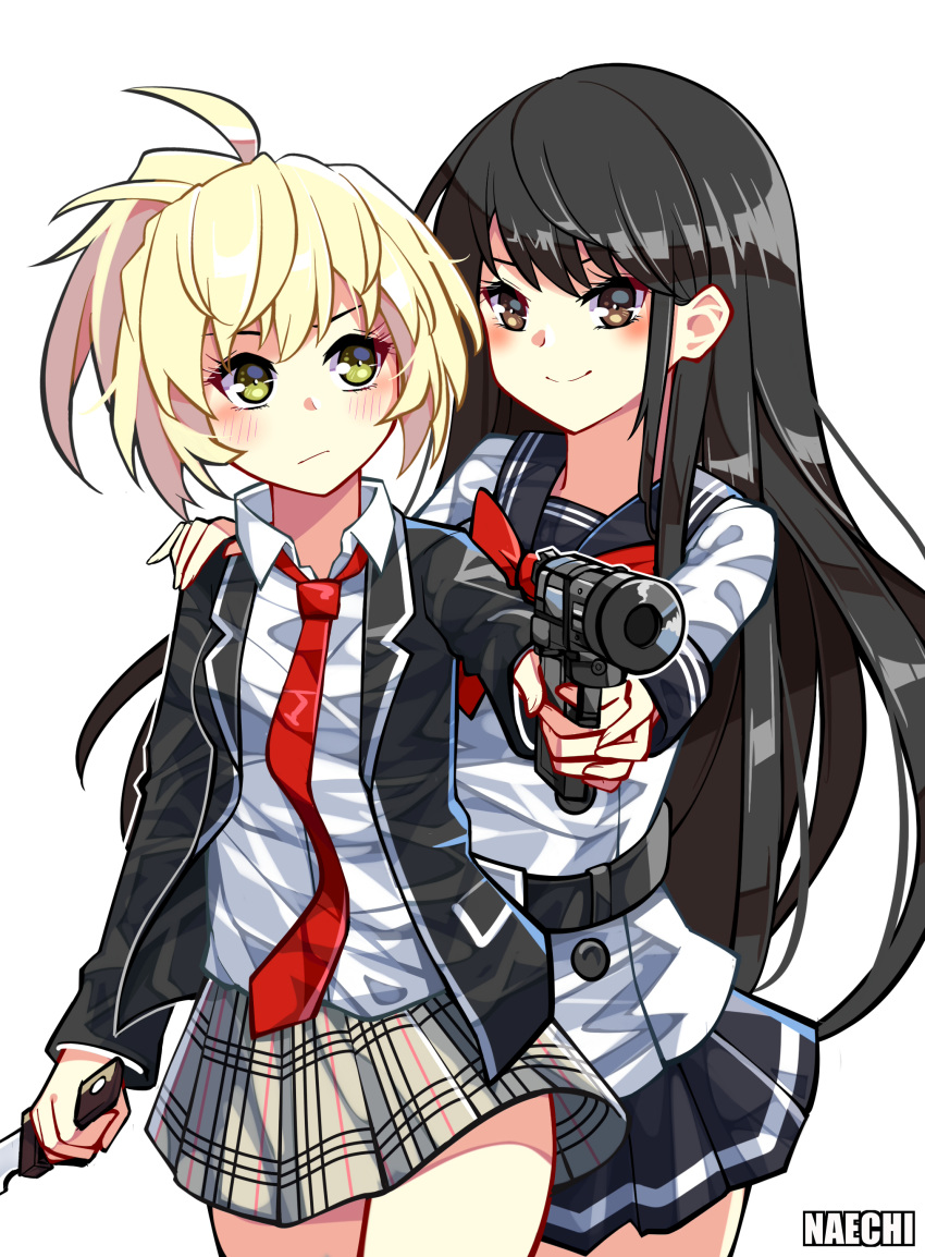 2girls absurdres black_hair blonde_hair blush bow bowtie commentary_request gun hand_on_another's_shoulder highres holding holding_gun holding_knife holding_weapon honjo_yuri knife looking_at_another looking_at_viewer multiple_girls naechi_(rayichan) necktie nise_mayuko plaid plaid_skirt red_bow red_bowtie red_necktie school_uniform skirt smile tenkuu_shinpan weapon yuri