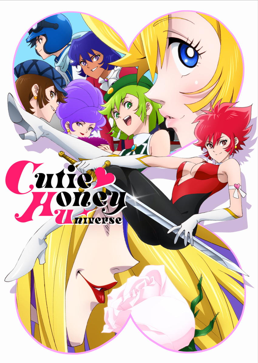 6+girls airborne artist_request ascot ass bare_shoulders black_bodysuit black_hair blonde_hair blue_brooch blue_eyes blue_hair blue_hat blue_scarf blush bodysuit boots breasts brooch brown_eyes brown_hair choker cleavage_cutout clothing_cutout cutie_honey cutie_honey_(character) cutie_honey_universe dark-skinned_female dark_skin earrings elbow_gloves fancy_honey flash_honey flower food-themed_earrings fur_collar gloves goggles goggles_on_head green_eyes green_hair green_hat green_shirt grey_eyes hand_on_blade hat heart helmet high_heel_boots high_heels highres holding holding_sword holding_weapon hurricane_honey idol_honey jewelry juliet_sleeves key_visual kisaragi_honey knee_boots light_purple_hair lipstick logo long_hair long_sleeves looking_at_viewer makeup medium_breasts misty_honey multicolored_bodysuit multicolored_clothes multiple_girls multiple_persona official_art open_mouth orange-shaped_earrings parted_lips pink_flower pink_lips pink_rose pouty_lips print_bodysuit promotional_art puffy_sleeves purple_brooch purple_eyes red_bodysuit red_eyes red_hair red_lips red_shirt rose round_teeth scarf shirt short_hair sister_jill sleeveless sleeveless_shirt smelling_flower smile sword teeth weapon white_ascot white_bodysuit white_choker white_footwear white_gloves