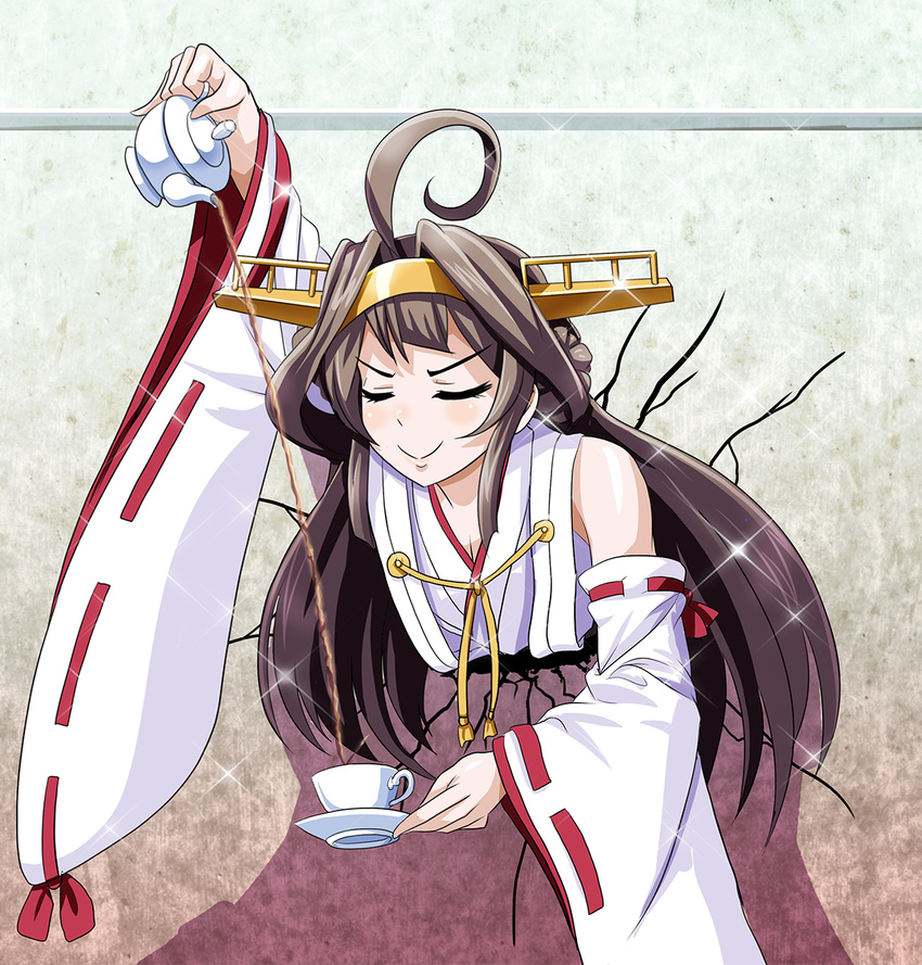 ahoge arm_up brown_hair c: closed_eyes commentary_request cracked_wall cup decantering detached_sleeves double_bun hairband highres holding kabe_ni_hamatte_ugokenai! kantai_collection kongou_(kantai_collection) long_hair looking_at_viewer nontraditional_miko parody pouring smile smug solo sparkle stuck teacup teapot through_wall tk8d32