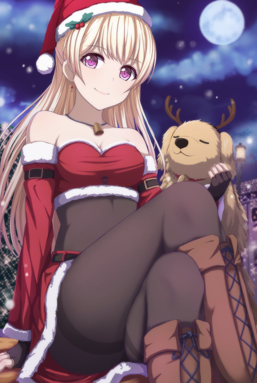 :3 animal antlers bad_id bad_twitter_id bandana bandeau bang_dream! bare_shoulders bell black_bodysuit black_gloves black_pantyhose blonde_hair bodysuit bodysuit_under_clothes boots breasts brown_footwear canine christmas cleavage closed_eyes closed_mouth crop_top cross-laced_footwear crossed_legs detached_sleeves earrings female fingerless_gloves full_moon fur-trimmed_skirt fur-trimmed_sleeves fur_trim gloves hat highres holly horns jewelry leon_(bang_dream!) long_hair looking_at_viewer moon narafume neck_bell night outdoors pantyhose purple_eyes red_bandana red_skirt reindeer_antlers santa_costume santa_hat shirasagi_chisato sitting skirt small_breasts smile snowing solo thighband_pantyhose