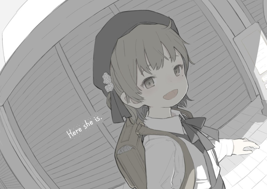 backpack bag blush brown_eyes brown_hair commentary_request female hatoba_tsugu limited_palette looking_at_viewer mole mole_under_eye oerba_yun_fang open_mouth short_hair smile solo tsugu_(vtuber) virtual_youtuber walkalone