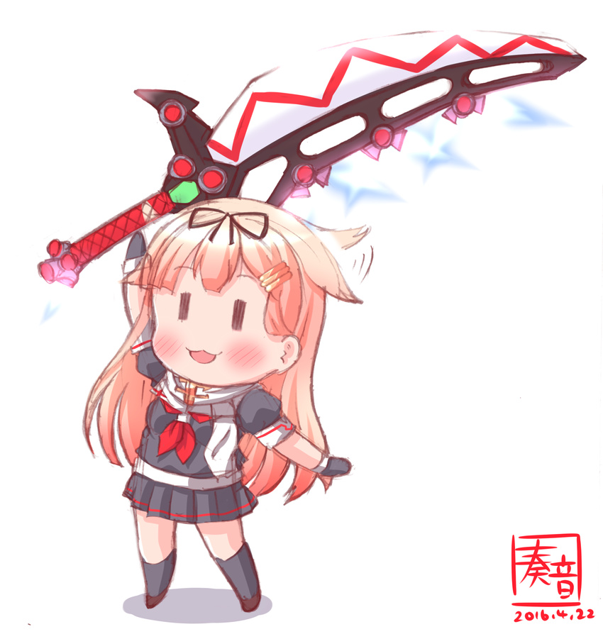 :3 :d artist_logo black_gloves black_ribbon black_serafuku black_skirt black_socks blonde_hair blush commentary_request dated female gloves gradient_hair hair_flaps hair_ornament hair_ribbon hairclip highres holding holding_sword holding_weapon kanon_(kurogane_knights) kantai_collection kneehighs long_hair multicolored_hair neckerchief open_mouth red_neckerchief ribbon scarf school_uniform serafuku short_sleeves simple_background skirt smile socks solo super_robot_wars sword weapon white_background white_scarf yuudachi_(kancolle) yuudachi_kai_ni_(kancolle) zankantou |_|