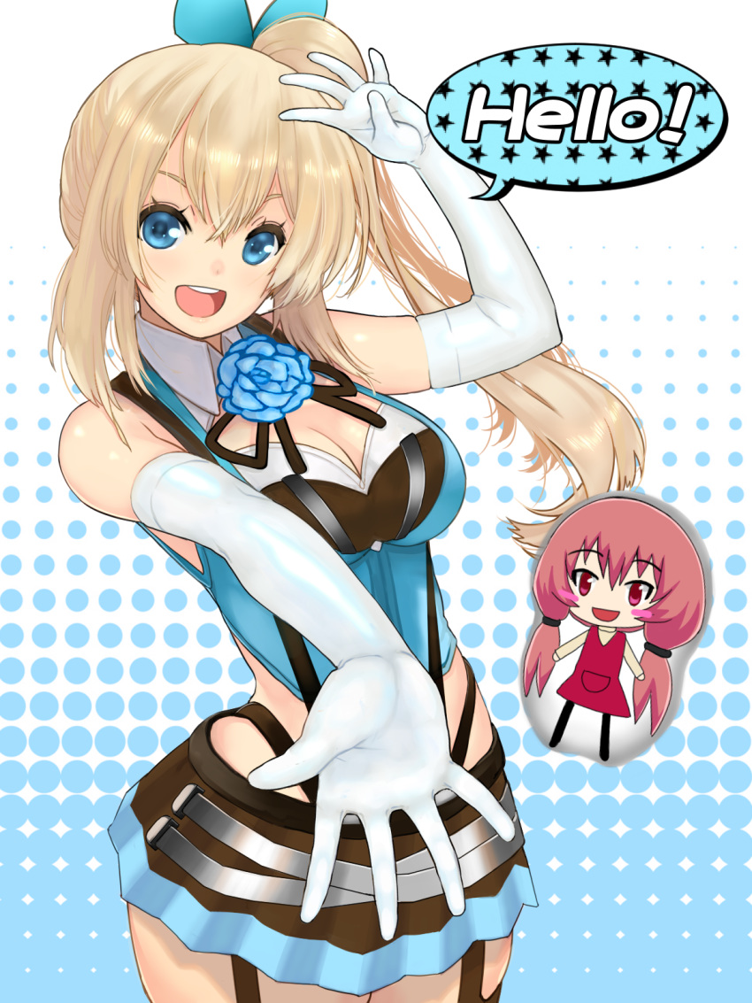 2girls :d bare_shoulders black_ribbon blue_flower blue_ribbon blue_rose breasts cleavage commentary_request cowboy_shot crop_top eilene elbow_gloves eyelashes flower garter_straps gloves hair_between_eyes hair_ribbon hand_up highleg highleg_panties highres icetea legs_together long_hair looking_at_viewer medium_breasts miniskirt mirai_akari mirai_akari_project multiple_girls open_mouth panties ribbon rose side_ponytail skirt smile solo_focus soranaka_ame speech_bubble standing star_(symbol) teeth thighhighs tongue underwear virtual_youtuber white_gloves