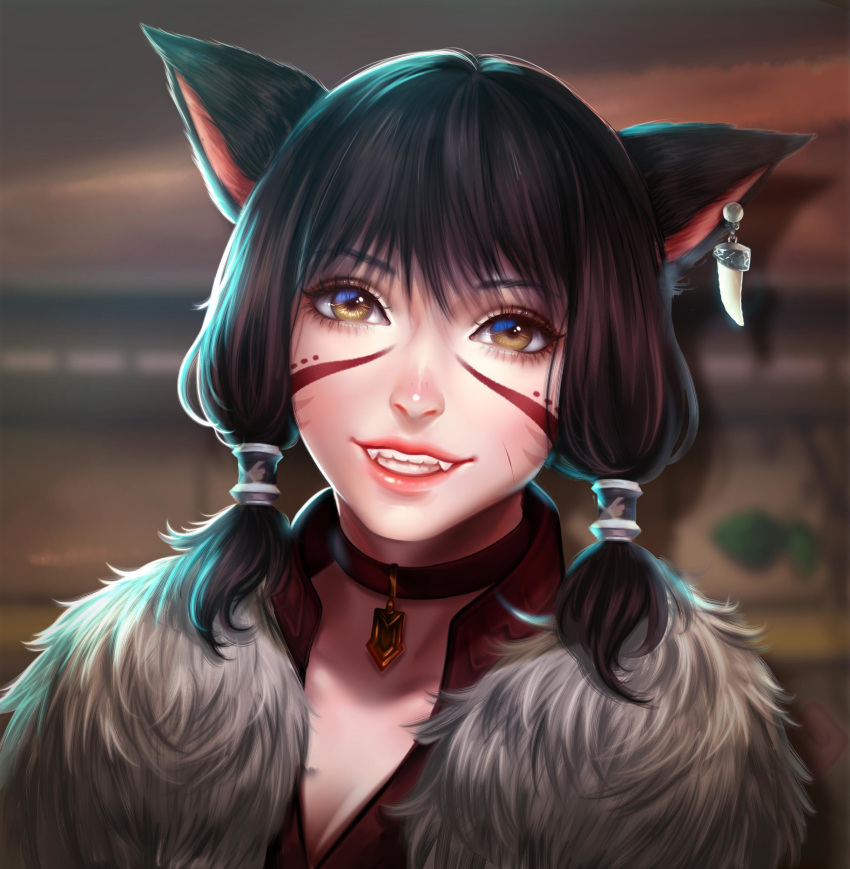 absurdres animal_ears black_hair blurry blurry_background brown_eyes cat_ears choker close-up commission earrings enmoire facial_mark fangs female final_fantasy final_fantasy_xiv hair_tubes highres jewelry looking_at_viewer miqo'te non-web_source pendant scar short_hair single_earring smile solo tattoo warrior_of_light_(ff14) whisker_markings