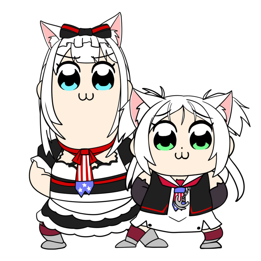 2girls :3 american_flag american_flag_neckwear american_flag_print anchor_necklace animal_ear_fluff animal_ears apron arms_behind_back azur_lane bkub_(style) black_gloves blue_eyes bow cat_ears chains commentary_request criss-cross_halter dot_nose dress elbow_gloves extra_ears flag_print frilled_apron frilled_hairband frilled_sleeves frills fuuki_(te_fuukin) gloves green_eyes grey_footwear hair_ribbon hairband hairbow halterneck hammann_(azur_lane) highres hood hood_down hooded_jacket jacket jewelry long_hair looking_at_viewer multiple_girls neckerchief necklace necktie open_clothes open_jacket parody poptepipic poptepipic_pose print_neckerchief print_necktie puffy_short_sleeves puffy_sleeves ribbon short_dress short_sleeves sidelocks simple_background sims_(azur_lane) sleeveless sleeveless_dress sleeveless_jacket square_neckline standing style_parody thighhighs two_side_up waist_apron white_apron white_background white_dress zettai_ryouiki