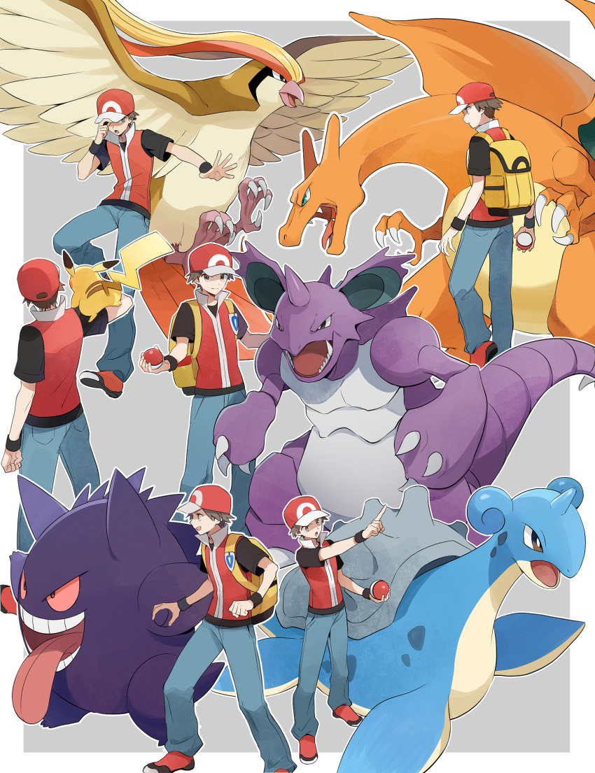 1boy backpack bag beak brown_hair charizard claws commentary_request fangs gengar grey_background hat highres holding holding_poke_ball horns lapras nidoking pidgeot pikachu poke_ball poke_ball_(basic) pokemon pokemon_(creature) pokemon_frlg red_(pokemon) red_footwear single_horn tail talons wings yukin_(es)