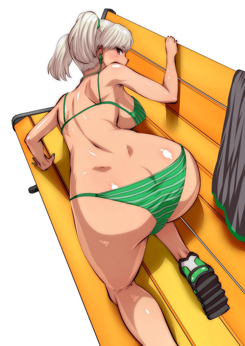 all_fours ass back bad_id bad_twitter_id bench bikini black_eyes breasts commentary_request dark-skinned_female dark_skin earbuds earphones female green_bikini green_nails highres jacket large_breasts looking_at_viewer original platinum_blonde_hair ribbon shiny_skin shoes simple_background sneakers solo souryu striped_bikini striped_clothes swimsuit twintails unworn_jacket white_background