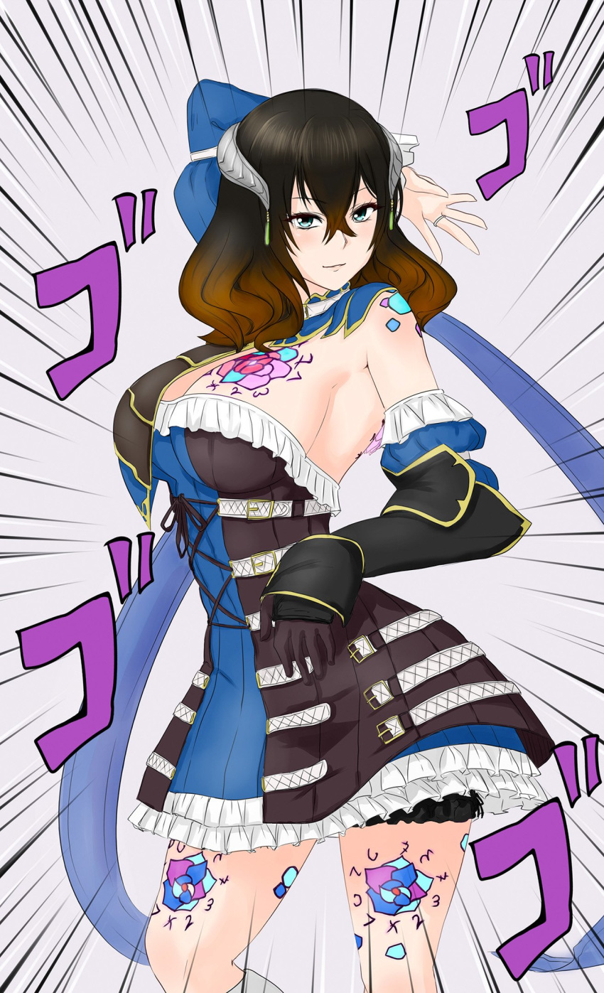 black_hair bloodstained:_ritual_of_the_night blue_eyes breasts brown_hair cleavage commentary female gameplay_mechanics hair_ornament highres jojo_no_kimyou_na_bouken jojo_pose large_breasts menacing_(jojo) miriam_(bloodstained) multicolored_hair pose smirk solo sound_effects speed_lines two-tone_hair viperxtr