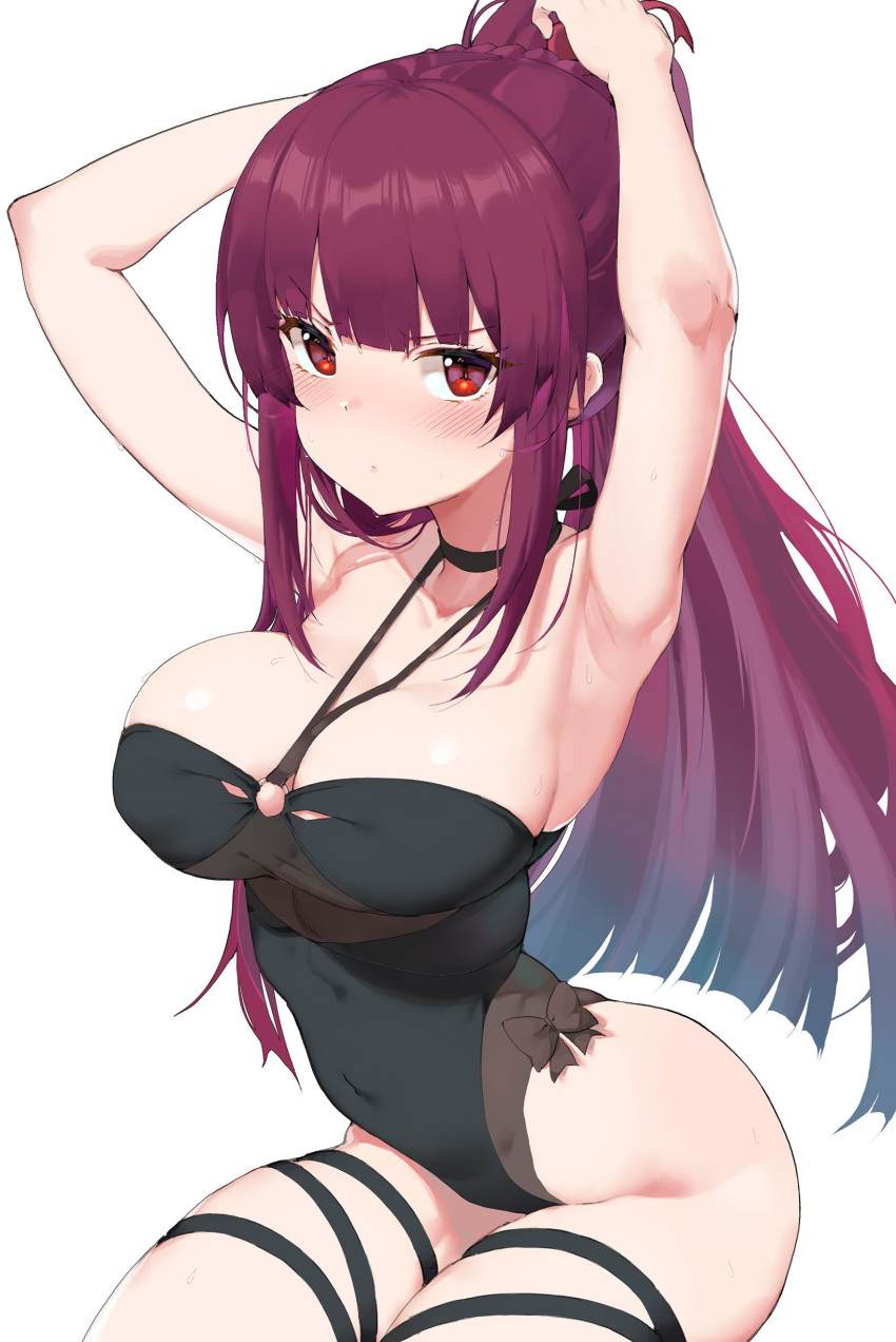 absurdres adjusting_hair armpits arms_up black_one-piece_swimsuit blush breasts chou_shippai-saku cleavage commentary_request covered_navel female girls'_frontline hair_ornament highres large_breasts long_hair looking_at_viewer official_alternate_costume one-piece_swimsuit ponytail purple_hair red_eyes simple_background solo swimsuit wa2000_(girls'_frontline) wa2000_(op._manta_ray)_(girls'_frontline) white_background