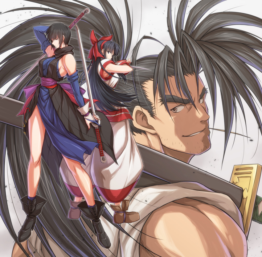 1990s_(style) 1boy 2girls ainu_clothes bare_shoulders bird black_hair bow breasts commentary_request detached_sleeves elbow_gloves fingerless_gloves gloves hairband hairbow haoumaru hawk heterochromia highres holding itouei japanese_clothes large_breasts long_hair medium_breasts multiple_girls nail_polish nakoruru ninja photoshop_(medium) red_bow red_eyes retro_artstyle reverse_grip samurai_spirits shiki_(samurai_spirits) short_hair sideboob sword tattoo weapon