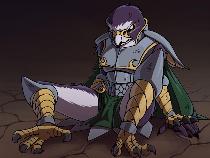 4:3 4_toes 5_fingers anisodactyl anthro armor avian avian_feet beak bird black_beak black_talons bodily_fluids bottomwear breastplate cape clothing dipstick_beak feathers feet fingers green_cape green_clothing hayabusa_knight katahane3 konami loincloth male multicolored_beak on_ground purple_body purple_feathers scuted_arms scutes shoulder_guards solo spread_legs spreading sweat sweatdrop talons toes white_beak yu-gi-oh!