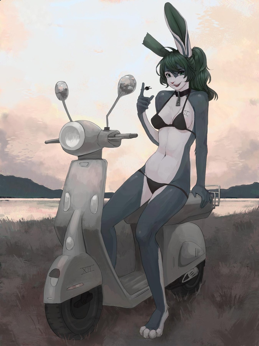 3:4 4_toes animal_humanoid barefoot belly bikini breasts clothed clothing cloud collar day digital_media_(artwork) feet female grass green_eyes hair hi_res humanoid key lagomorph lagomorph_humanoid lapinou leporid_humanoid long_ears looking_at_viewer mammal mammal_humanoid motor_scooter motor_vehicle navel open_mouth open_smile outside plant ponytail rabbit_humanoid shaded sitting sky smile solo swimwear toes water white_belly