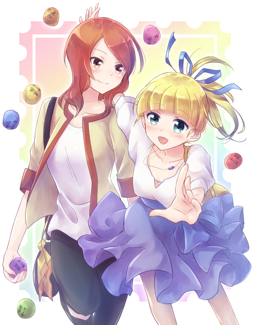 2girls alexandra_magritte bag ball black_pants blonde_hair blue_eyes blue_ribbon blunt_bangs blush brown_eyes brown_hair commentary_request hair_ornament hair_ribbon hair_scrunchie handbag highres jewelry looking_at_viewer medium_hair multiple_girls necklace nyaa_(nnekoron) pants pleated_skirt ponytail ribbon scrunchie shirt short_sleeves skirt smile standing tada-kun_wa_koi_wo_shinai teresa_wagner white_shirt