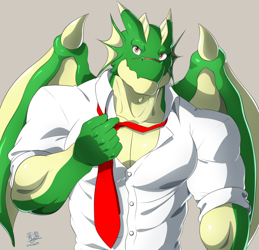 anthro barazoku clothed clothing dragon dress_shirt fully_clothed green_body green_scales hi_res male membrane_(anatomy) membranous_wings muscular muscular_anthro muscular_male mythological_creature mythological_scalie mythology necktie orange_eyes scales scalie shirt solo subaru_aotk topwear unbuttoned wings