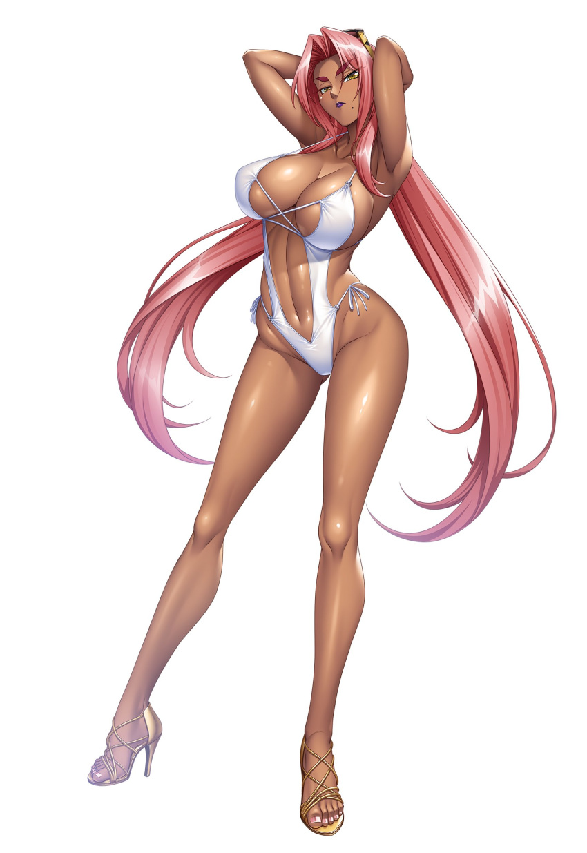 absurdres arms_up bare_arms breasts closed_mouth collarbone commentary_request dark-skinned_female dark_skin eyewear_on_head female full_body hair_intakes high_heels highleg highleg_swimsuit highres ingrid_(taimanin_murasaki) kagami_hirotaka large_breasts lips lipstick long_hair makeup mole mole_under_mouth nail_polish navel official_art one-piece_swimsuit pink_hair pink_nails purple_lips sandals shiny_skin simple_background solo standing stomach swimsuit taimanin_(series) taimanin_asagi_kessen_arena thighs toenail_polish toenails toes white_background white_one-piece_swimsuit yellow_eyes