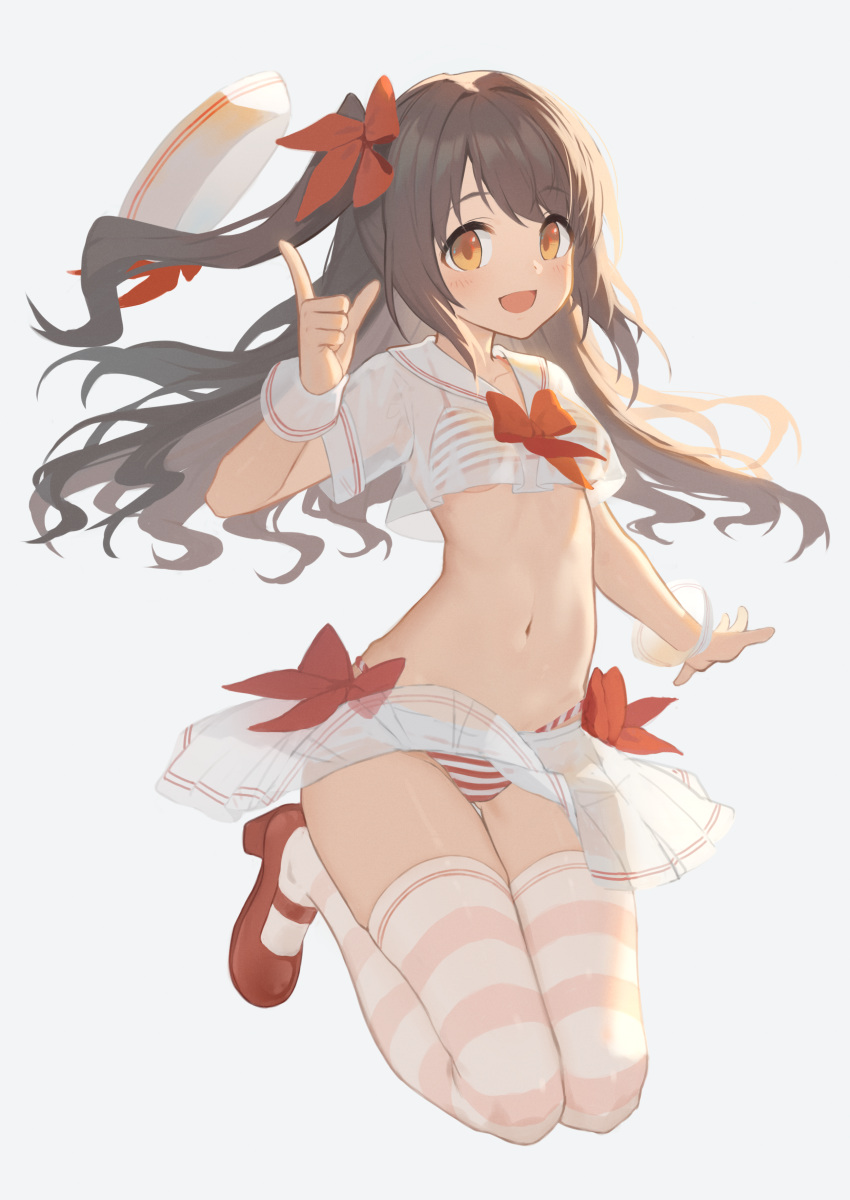 absurdres bikini blush brown_eyes brown_hair commentary_request crop_top female hagi_(ame_hagi) hat highres idolmaster idolmaster_cinderella_girls long_hair looking_at_viewer mary_janes navel one_side_up open_mouth red_footwear sailor_collar sailor_hat see-through shimamura_uzuki shoes skirt solo striped_bikini striped_clothes striped_thighhighs swimsuit thighhighs white_background wrist_cuffs