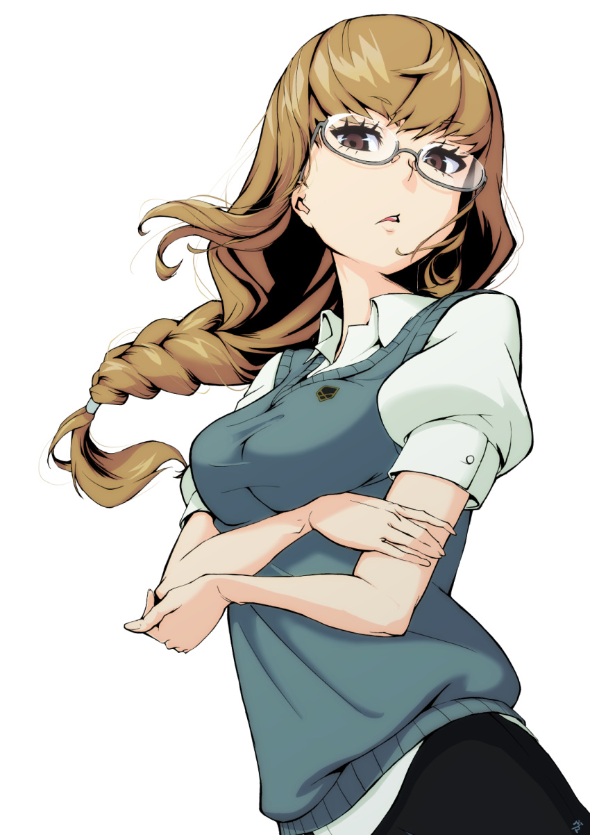 braid breasts brown_eyes brown_hair commentary female glasses grey_vest hamakado_mondo highres kiznaiver large_breasts long_hair maki_honoka open_mouth school_uniform shirt short_sleeves single_braid solo sweater_vest vest white_shirt