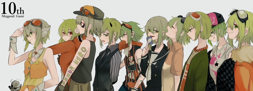 6+girls absurdres amulet anniversary arm_tattoo bandaid bare_shoulders baseball_cap batsu_game_(vocaloid) bespectacled checkered chewing_gum commentary donut_hole_(vocaloid) echo_(vocaloid) flipped_hair from_side fur_collar fur_trim glasses gloves goggles goggles_on_head gomiyama green_hair gumi hat headphones high_collar highres hood hoodie horns jacket jewelry jinsei_reset_button_(vocaloid) looking_at_viewer matryoshka_(vocaloid) mosaic_roll_(vocaloid) multiple_girls multiple_persona necklace orange_shirt orange_skirt panda_hero_(vocaloid) poker_face_(vocaloid) popped_collar red_gloves ren'ai_yuusha_(vocaloid) school_uniform shirt short_hair_with_long_locks sidelocks skirt smile songover striped_clothes striped_shirt tattoo vest vocaloid wrist_cuffs