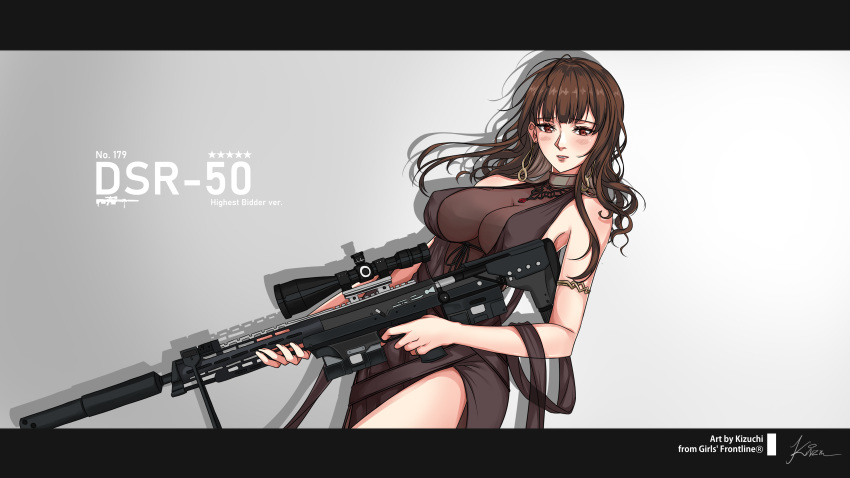 absurdres anti-materiel_rifle armlet assault_rifle bare_legs bare_shoulders bolt_action breasts brown_hair bullpup cleavage collar commentary commission dress dsr-50 dsr-50_(girls'_frontline) dsr-50_(highest_bid)_(girls'_frontline) female girls'_frontline gradient_background grey_background gun highres holding holding_weapon jewelry kizuchi_r large_breasts letterboxed long_hair looking_at_viewer necklace official_alternate_costume red_eyes rifle see-through see-through_cleavage side_slit signature sniper_rifle solo title very_long_hair weapon