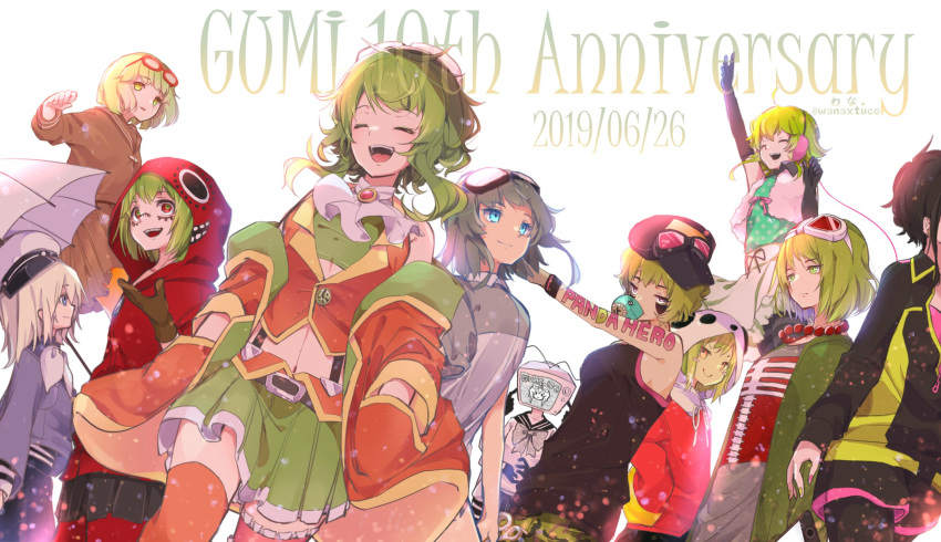 6+girls ama_no_jaku_(vocaloid) amulet animal_hood anniversary annotated arm_up bead_necklace beads birthday black_shirt blowing_bubbles blue_eyes blush_stickers brown_gloves character_name chewing_gum closed_eyes commentary crop_top donut_hole_(vocaloid) echo_(vocaloid) expressionless eyewear_on_head glasses gloves goggles goggles_on_head green_eyes green_hair green_skirt gumi happy_synthesizer_(vocaloid) highres holding holding_umbrella hood hoodie jacket jewelry matryoshka_(vocaloid) midriff mosaic_roll_(vocaloid) multiple_girls multiple_persona nail_polish navel necklace noushou_sakuretsu_girl_(vocaloid) orange_jacket orange_legwear orange_shirt panda_hero_(vocaloid) panda_hood red_eyes red_hoodie school_uniform shirt skeleton_print skirt smile songover television thighhighs twitter_username umbrella unworn_jacket vocaloid wanaxtuco white_shirt yi_er_fan_club_(vocaloid) yowamushi_mont-blanc_(vocaloid)