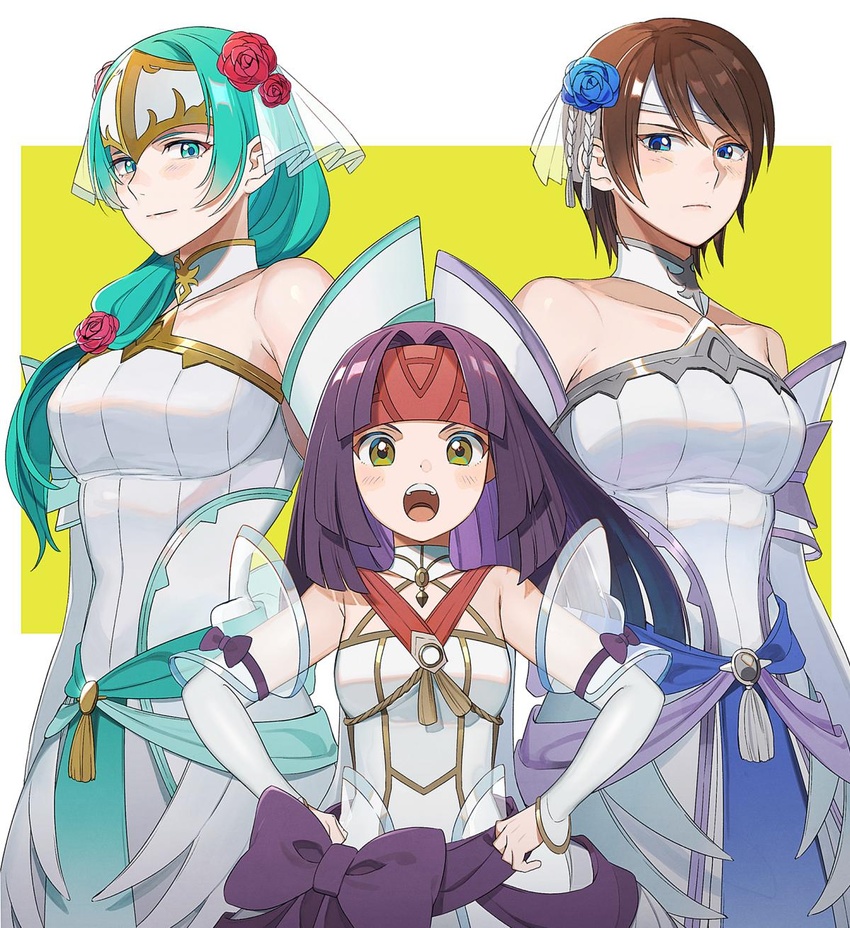 3girls :o bare_shoulders blue_eyes blush bow breasts bride_(fire_emblem) brown_hair commentary_request detached_sleeves dress fire_emblem fire_emblem:_path_of_radiance fire_emblem:_radiant_dawn fire_emblem_heroes flower green_hair hair_flower hair_ornament hands_on_own_hips headband headpiece highres kyufe long_hair looking_at_viewer multiple_girls purple_hair sanaki_kirsch_altina sanaki_kirsch_altina_(bridal) short_hair sigrun_(bridal)_(fire_emblem) sigrun_(fire_emblem) simple_background smile strapless strapless_dress tanith_(bridal)_(fire_emblem) tanith_(fire_emblem) wedding_dress white_dress yellow_eyes