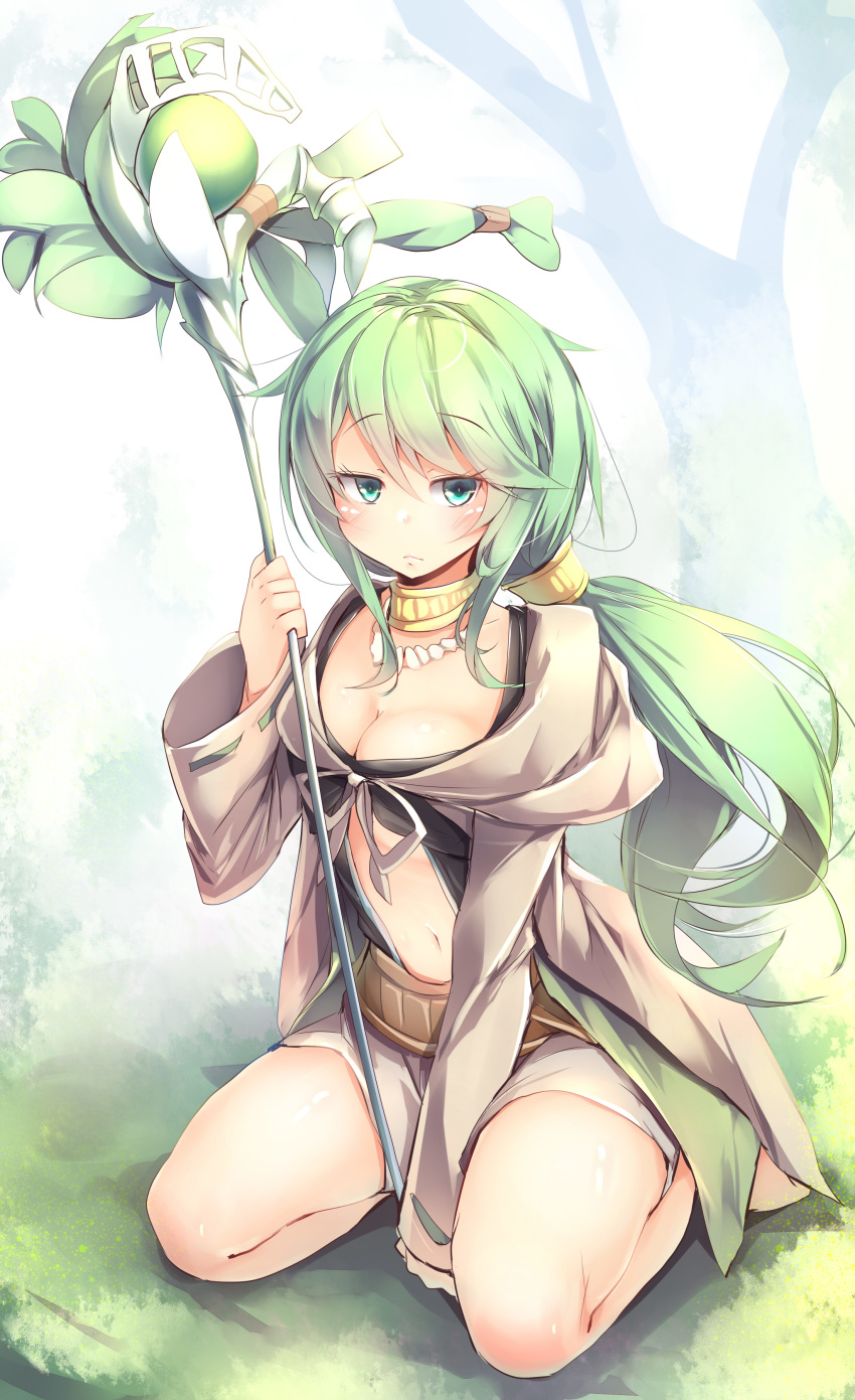 :< absurdres aqua_eyes bare_legs between_legs breasts caam_serenity_of_gusto center_opening cleavage commentary duel_monster female full_body green_hair hand_between_legs highres holding holding_staff kanzakietc large_breasts long_hair looking_at_viewer navel necktie ponytail shorts sitting solo staff wide_sleeves yu-gi-oh!