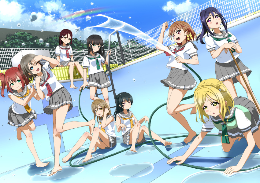 6+girls ahoge ajapar aqua_eyes aqua_neckerchief barefoot black_hair blonde_hair blouse blue_eyes blue_hair blue_sky blunt_bangs braid brown_hair cloud clover_hair_ornament crown_braid day feet fence grey_hair grey_skirt hair_bun hair_ornament hair_rings hairclip half_updo highres hose kunikida_hanamaru kurosawa_dia kurosawa_ruby long_hair love_live! love_live!_sunshine!! matsuura_kanan miniskirt mole mole_under_mouth multiple_girls neckerchief ohara_mari orange_hair outdoors pleated_skirt ponytail pool purple_eyes purple_hair rainbow red_eyes red_hair red_neckerchief ribbon sailor_collar sakurauchi_riko school_uniform serafuku shirt short_hair short_sleeves side_braid single_side_bun skirt sky summer_uniform takami_chika tie_clip tsushima_yoshiko two_side_up uranohoshi_school_uniform washing watanabe_you white_shirt yellow_eyes yellow_neckerchief yellow_ribbon