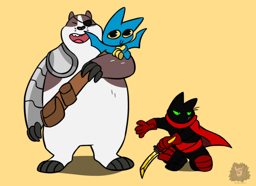 2019 absurd_res adorabat anthro badger badgerclops black_body black_fur blue_body cartoon_network domestic_cat eye_patch eyewear felid feline felis fur group hi_res humanoid_hands male mammal mao_mao:_heroes_of_pure_heart melee_weapon mustelid musteline overweight overweight_male pegleg sheriff_mao_mao_mao simple_background sword syncrotrace weapon white_body white_fur