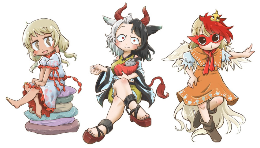 3girls animal animal_ears animal_on_head ascot barefoot bird bird_wings black_hair blonde_hair blouse boots chamaji chick commentary_request cow_ears cow_girl cow_horns cow_tail dress ebisu_eika haori hiyoko-chan horns japanese_clothes looking_at_viewer multicolored_hair multiple_girls nissin niwatari_kutaka on_head red_hair red_horns red_tail rock sandals shirt short_sleeves simple_background sitting sitting_on_rock skirt smile split-color_hair statue tail touhou two-tone_hair ushizaki_urumi wily_beast_and_weakest_creature wings