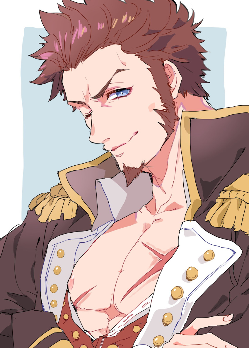 1boy blue_eyes brown_hair commentary_request epaulettes facial_hair fate/grand_order fate_(series) goatee highres long_sideburns long_sleeves looking_at_viewer male_focus manami_(fearfac666) military muscular muscular_male napoleon_bonaparte_(fate) pectoral_cleavage pectorals scar short_hair sideburns simple_background smile solo uniform upper_body