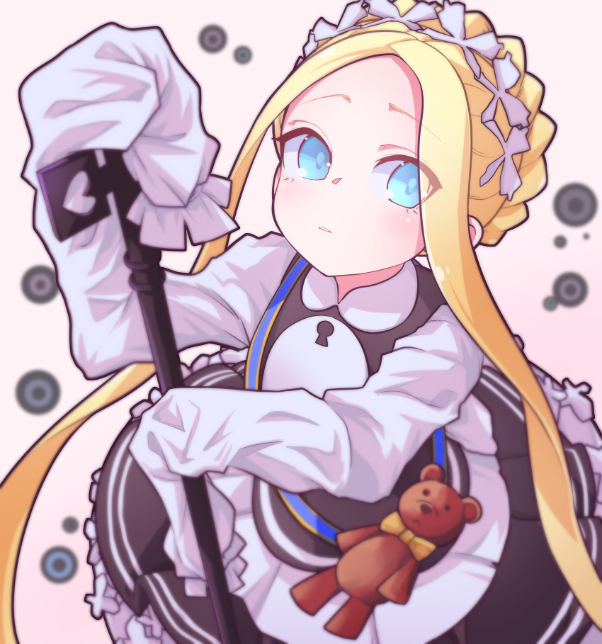 abigail_williams_(fate) abigail_williams_(festival_outfit)_(fate) absurdres bad_id bad_pixiv_id blonde_hair blue_eyes blush bow braid commentary dress eyes_visible_through_hair fate/grand_order fate_(series) female from_above highres holding jipponwazaari key long_hair long_sleeves looking_at_viewer maid official_alternate_costume orange_bow parted_bangs sleeves_past_fingers sleeves_past_wrists solo stuffed_animal stuffed_toy teddy_bear very_long_hair