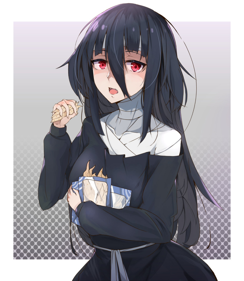 bandages black_dress black_hair commentary_request dress eating fangs female food hair_flaps hasumushi highres holding holding_food long_hair looking_at_viewer red_eyes solo very_long_hair yamada_tae zombie_land_saga