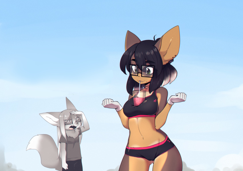 anthro beverage bra breasts bubble_tea canid canine clothed clothing digital_media_(artwork) duo eyewear female glasses hands-free_bubble_tea male mammal meme midriff open_mouth outside simple_background sports_bra sports_panties standing suelix underwear wide_hips