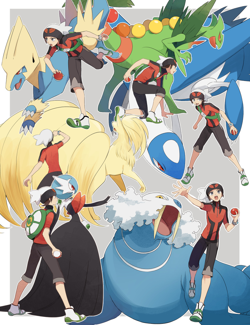 1boy alternate_color backpack bag beanie brendan_(pokemon) commentary_request gardevoir grey_background hat highres holding holding_poke_ball latios manectric mega_gardevoir mega_pokemon multiple_tails ninetales open_mouth poke_ball poke_ball_(basic) pokemon pokemon_(creature) pokemon_oras red_eyes sceptile shiny_pokemon shorts standing tail tusks walrein yukin_(es)