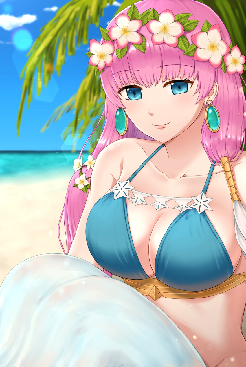 bad_id bad_pixiv_id beach bikini blue_eyes blue_sky breasts cleavage closed_mouth cloud commentary_request day earrings female fire_emblem fire_emblem_heroes gunnthra_(fire_emblem) gunnthra_(summer)_(fire_emblem) head_wreath highres jewelry knees_up large_breasts long_hair outdoors pazuzu438 pink_hair sitting sky smile solo swimsuit water