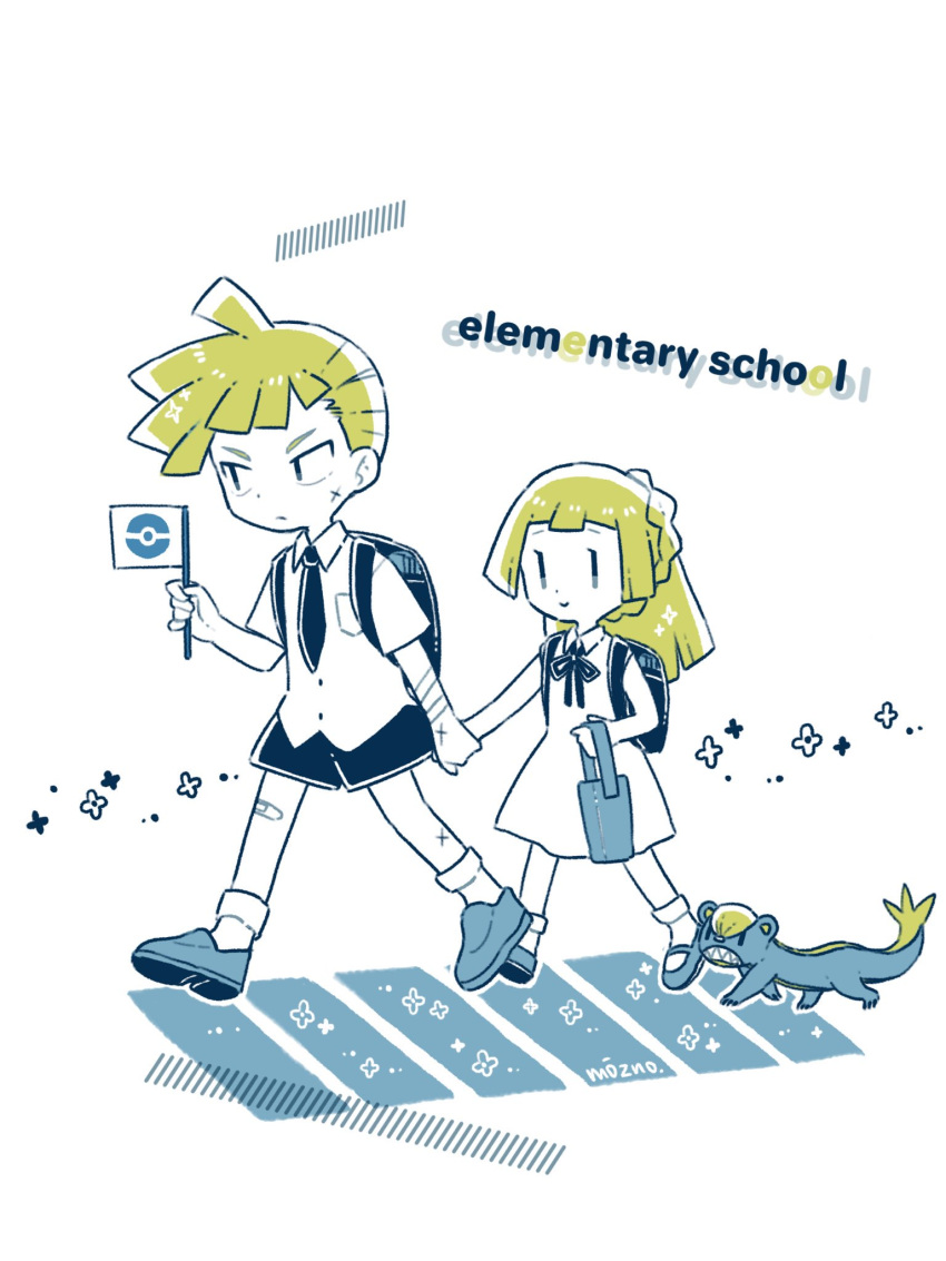 1boy aged_down artist_name backpack bad_id bad_twitter_id bag bandaid blonde_hair brother_and_sister closed_mouth commentary_request dress female flag gladion_(pokemon) highres holding holding_flag holding_hands lillie_(pokemon) long_hair mozpoke necktie poke_ball_symbol pokemon pokemon_(anime) pokemon_(creature) pokemon_sm_(anime) ponytail scar shoes short_hair short_sleeves shorts siblings smile socks yungoos