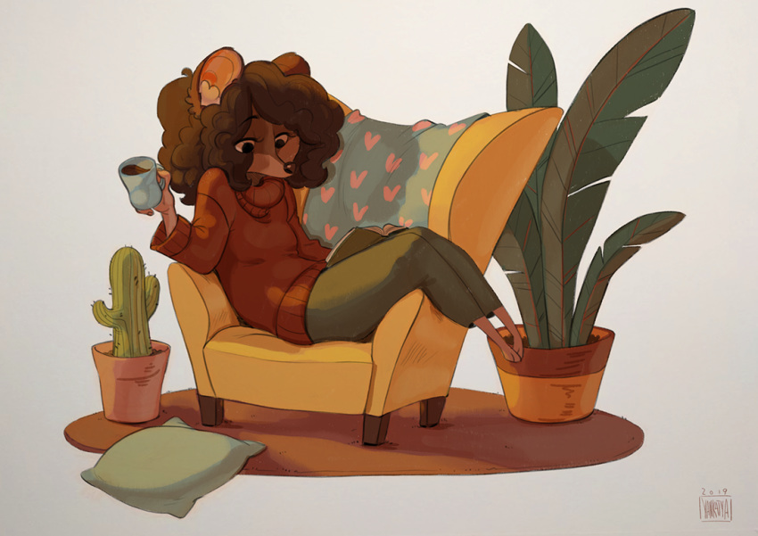 2019 anthro barefoot beverage biped book breasts brown_hair cactus chair clothing durtyanko feet female furniture hair mammal margaret_de_campos mice_tea mouse murid murine pillow plant rodent simple_background sitting solo sweater tea topwear white_background