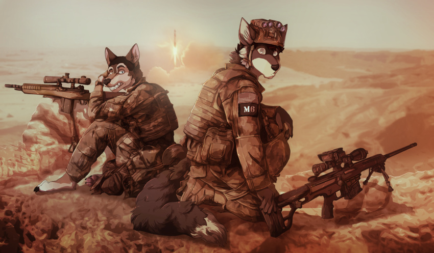 2019 4_toes 5_fingers anthro ar_platform armor barrett barrett_m98b black_claws black_nose blue_eyes boots brown_body brown_eyes brown_fur brown_hair canid canine canis claws clock clothed clothing desert designated_marksman_rifle domestic_dog duo feet fingers flag footwear fur grey_body grey_fur gun hair headgear helmet heterochromia holding_gun holding_object holding_ranged_weapon holding_weapon jeanwoof joe_(physicswolf) m14 male mammal military military_uniform missile mk18 mountain patch_(fabric) ranged_weapon rifle shiba_inu sniper sniper_rifle spitz teeth toes topwear uniform vest watch weapon white_body white_fur wolf